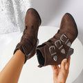 new women's leather belt buckle pointed toe high heel suede ankle boots - chunky heel autumn/winter fashion boots for