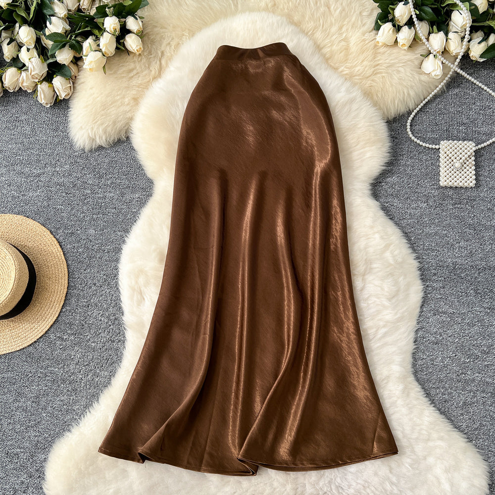 Premium satin midi skirt - 2025 new collection: luxurious, high-waisted, slimming a-line bodycon fishtail skirt with a beautiful drape