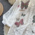 Luxury retro socialite style puff sleeve blouse - women's spring mesh embroidered loose fit chic & trendy top