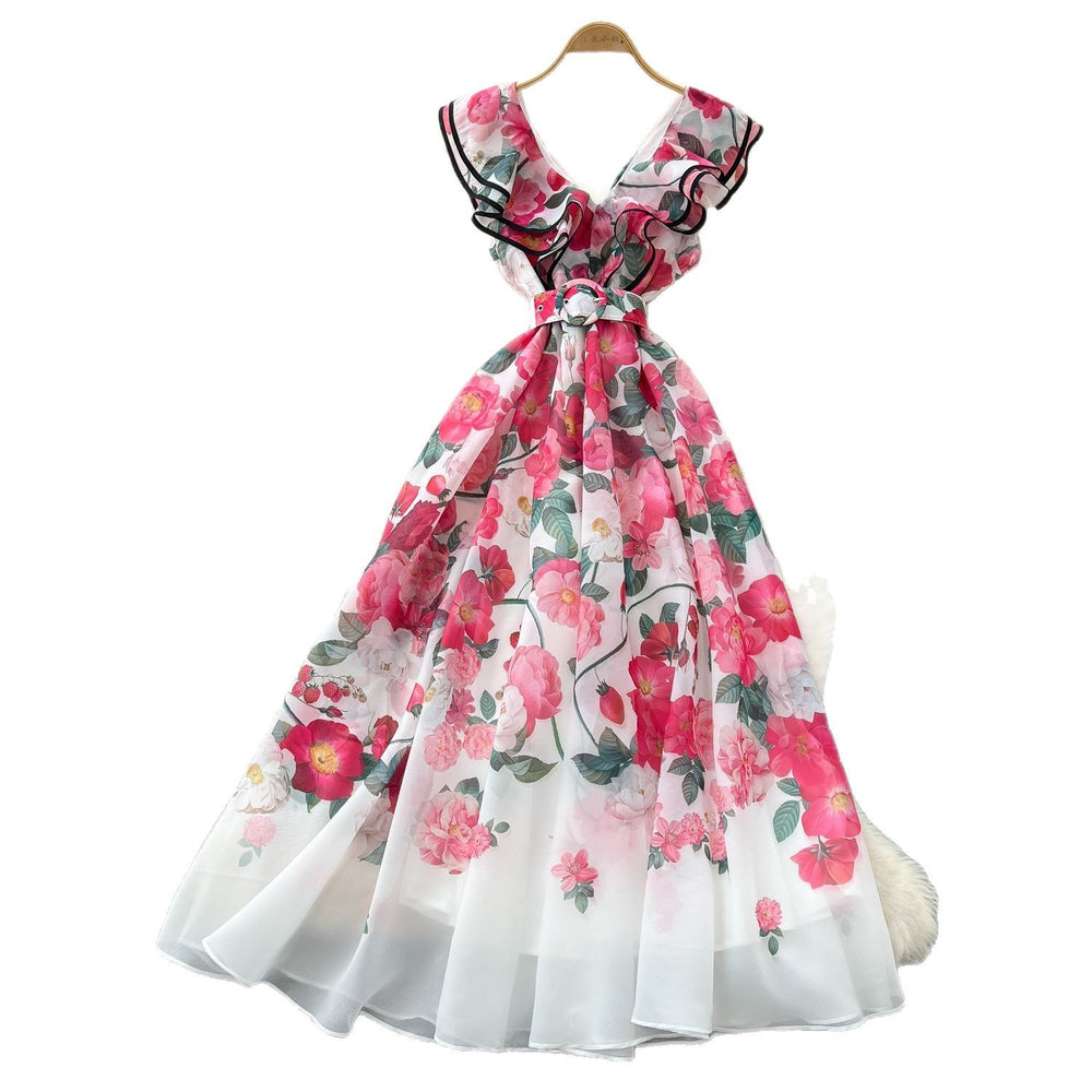 French chic summer dress for women - elegant, high-end, ruffle-trimmed v-neck, slimming, printed maxi dress with a-line skirt