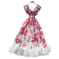 French chic summer dress for women - elegant, high-end, ruffle-trimmed v-neck, slimming, printed maxi dress with a-line skirt