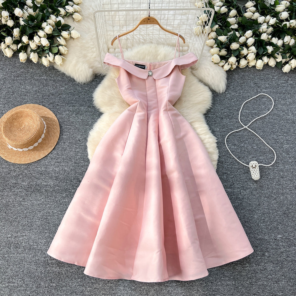 Elegant women's evening gown: high-end off-the-shoulder camisole dress with diamond embellishments, cinched waist, pleated detailing, and a flowing a-line skirt