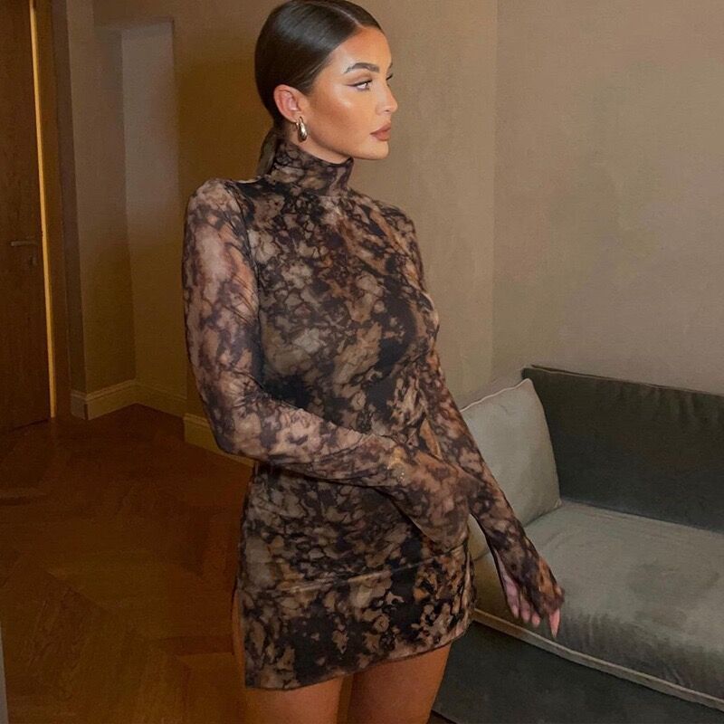 autumn  cross-border fashion dress - european & american style, women's mock neck printed long sleeve slit bodycon dress