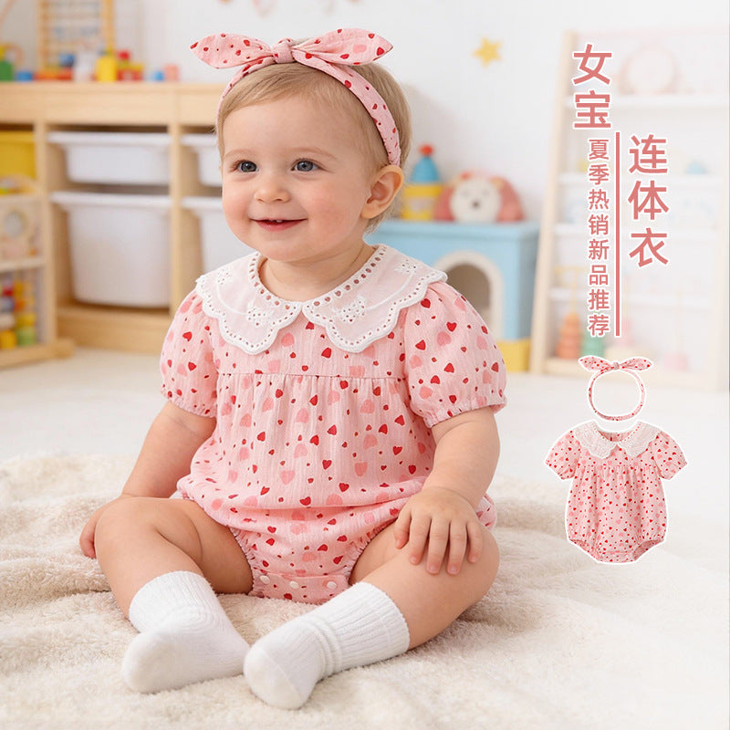 Newborn baby girl's lightweight summer romper - floral print, pure cotton, short-sleeve, snap-crotch bodysuit