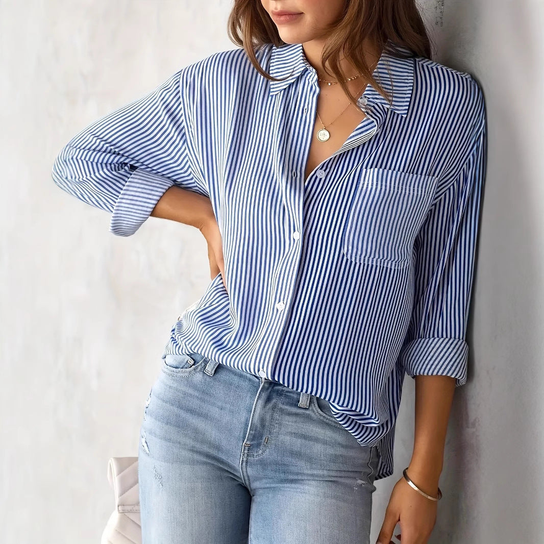 European and American  women's clothing 2025 spring new  striped cardigan top loose casual long-sleeved shirt women