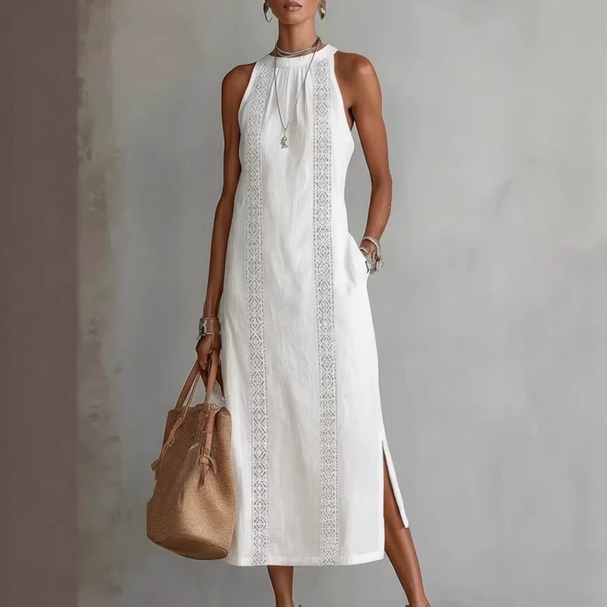 spring collection: european & american -style halter neck sleeveless dress - solid color lace trim, perfect for vacation