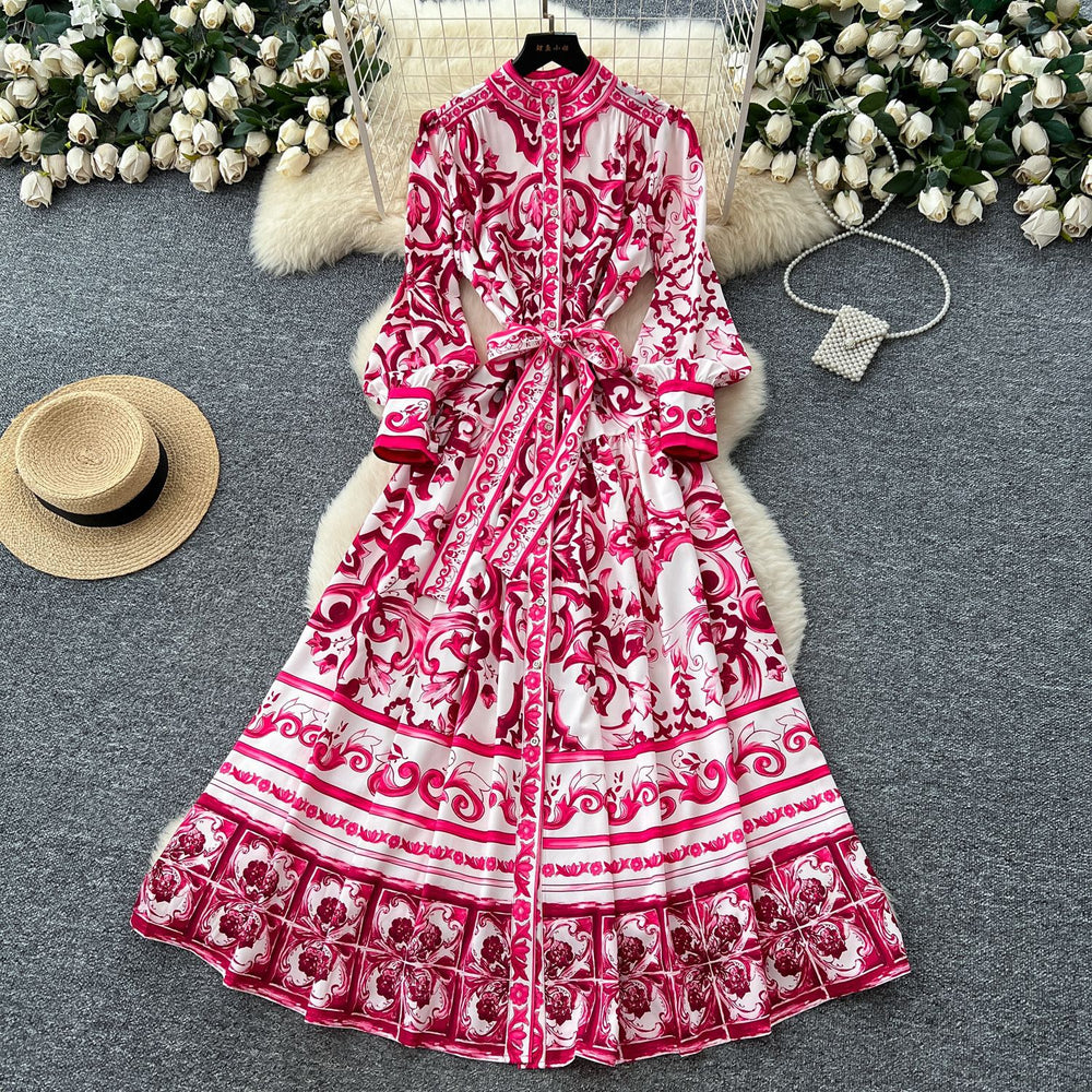 Retro palace style printingdress women's summer lantern sleeves stand collar single breasted strap waist beautiful royal sister long skirt