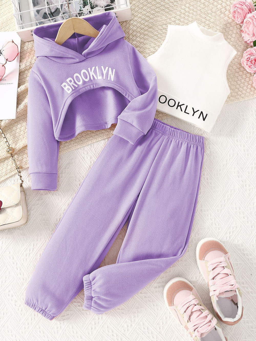 spring girls' casual three-piece set: pink hooded sweatshirt, high-neck tank top, letter print sweatshirt, and pants