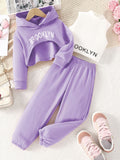 spring girls' casual three-piece set: pink hooded sweatshirt, high-neck tank top, letter print sweatshirt, and pants