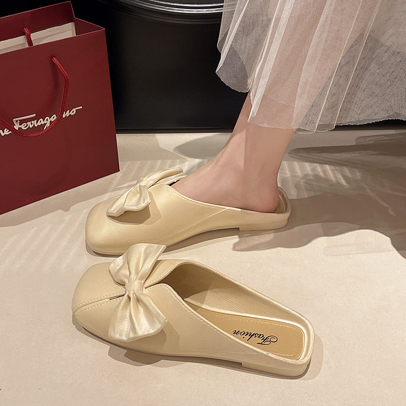 2025 new women's closed-toe slippers - summer outdoor wear, bow-embellished fashion sandals, trendy versatile flat half-slippers