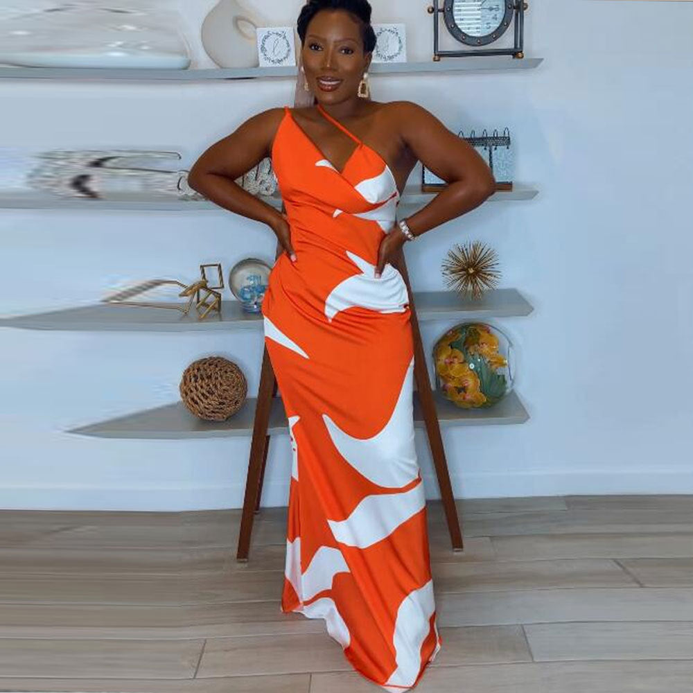 S10578 European, American, sexy, printed suspender slim-fit hip-wrapped long dress