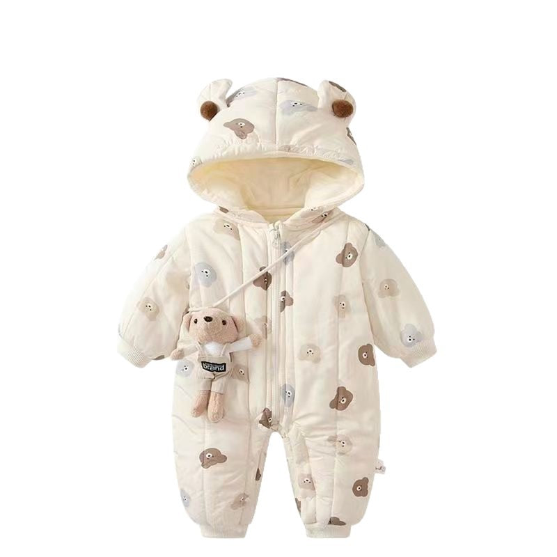 Newborn baby 100-day celebration bodysuit, infant winter clothes, thickened fleece-lined outfit, cartoon full month celebration winter wear