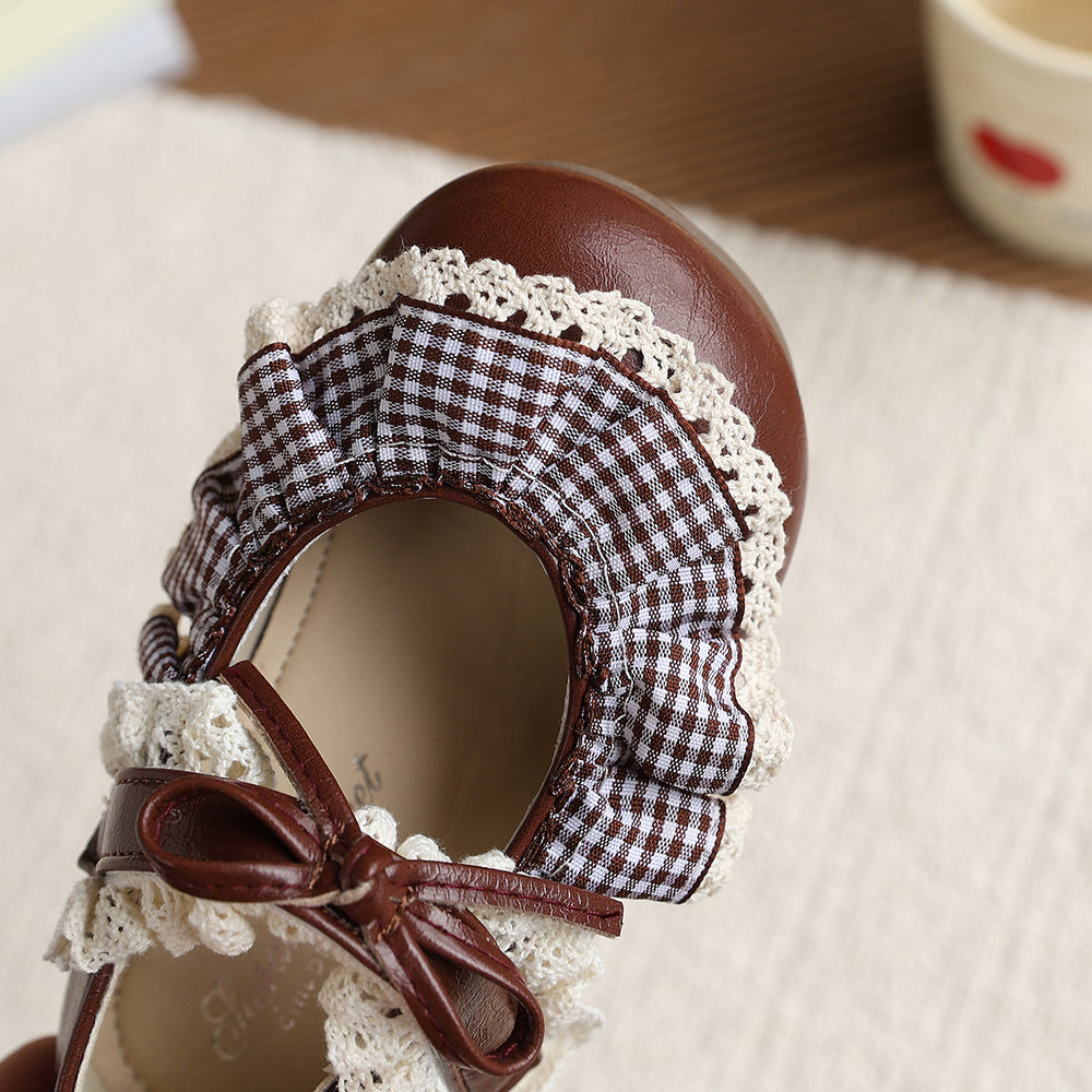 Vancahao girls' bow-tie princess shoes, new spring/autumn  collection, kids' fashionable low-cut leather shoes with lace trim