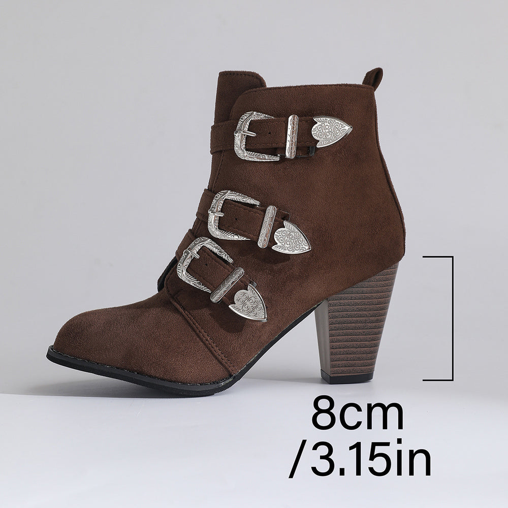 new women's leather belt buckle pointed toe high heel suede ankle boots - chunky heel autumn/winter fashion boots for