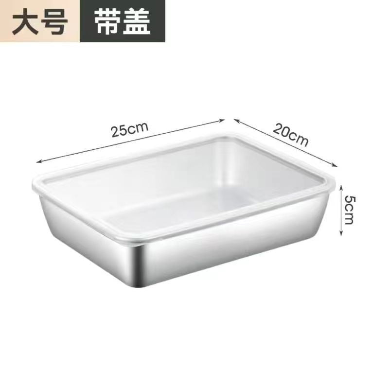 Stainless steel seasoning crisper, rectangular plate for meals with lid, refrigerator food storage box, frozen box, large capacity