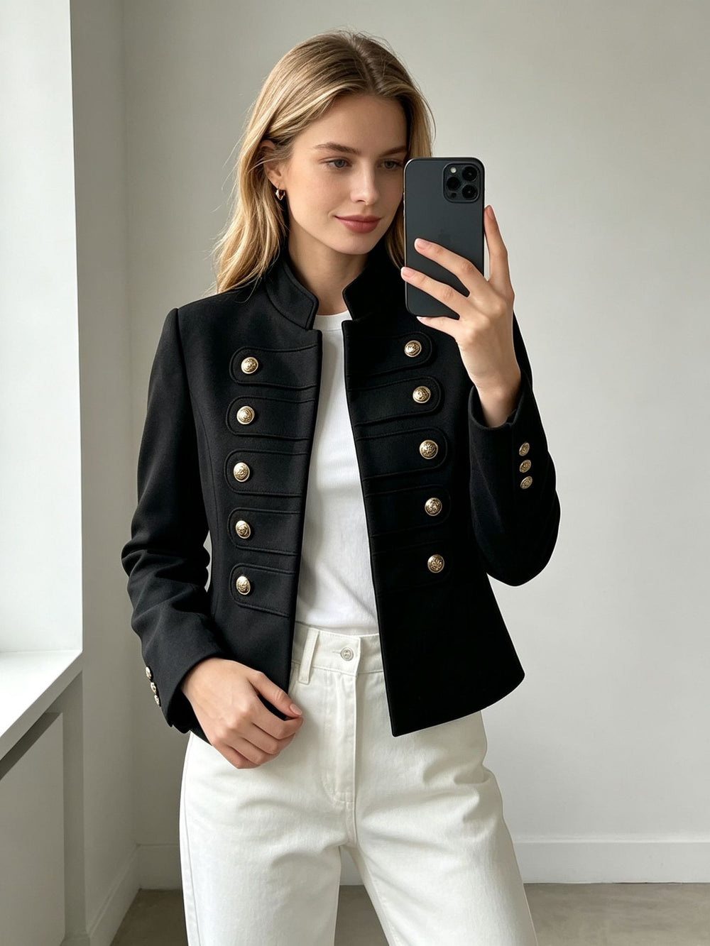 cross-border european and american style stand collar double-breasted cropped jacket - women's retro metal buckle chic commute top