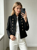 cross-border european and american style stand collar double-breasted cropped jacket - women's retro metal buckle chic commute top