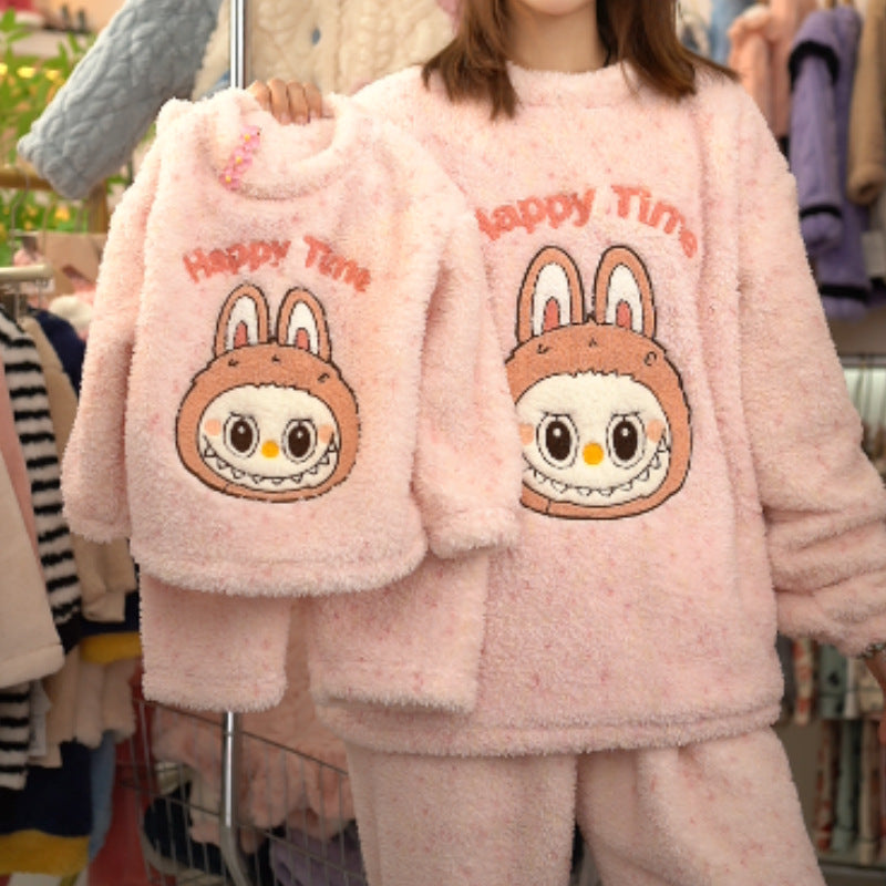 【matching family set】girls' pajamas - autumn/winter collection, kids' half-fleece thickened new style, big girls' loungewear for winter