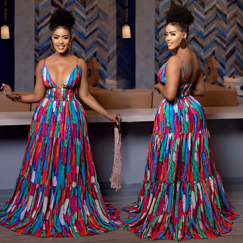 C7377 cross-border   fashion women's sexy spaghetti strap backless printed colorful dress