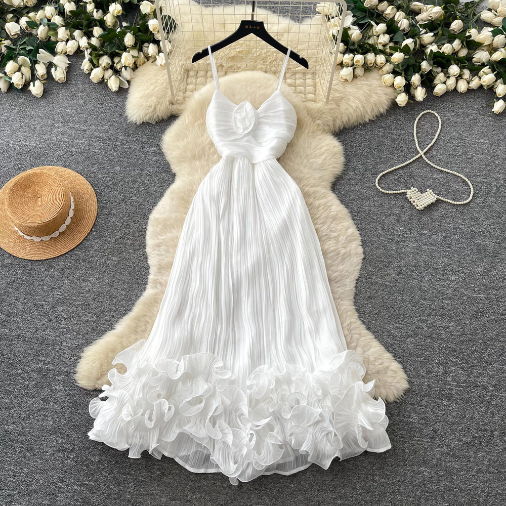 French style sweet camisole dress - women's summer korean high-waisted ruffle trim a-line dress - vacation ready