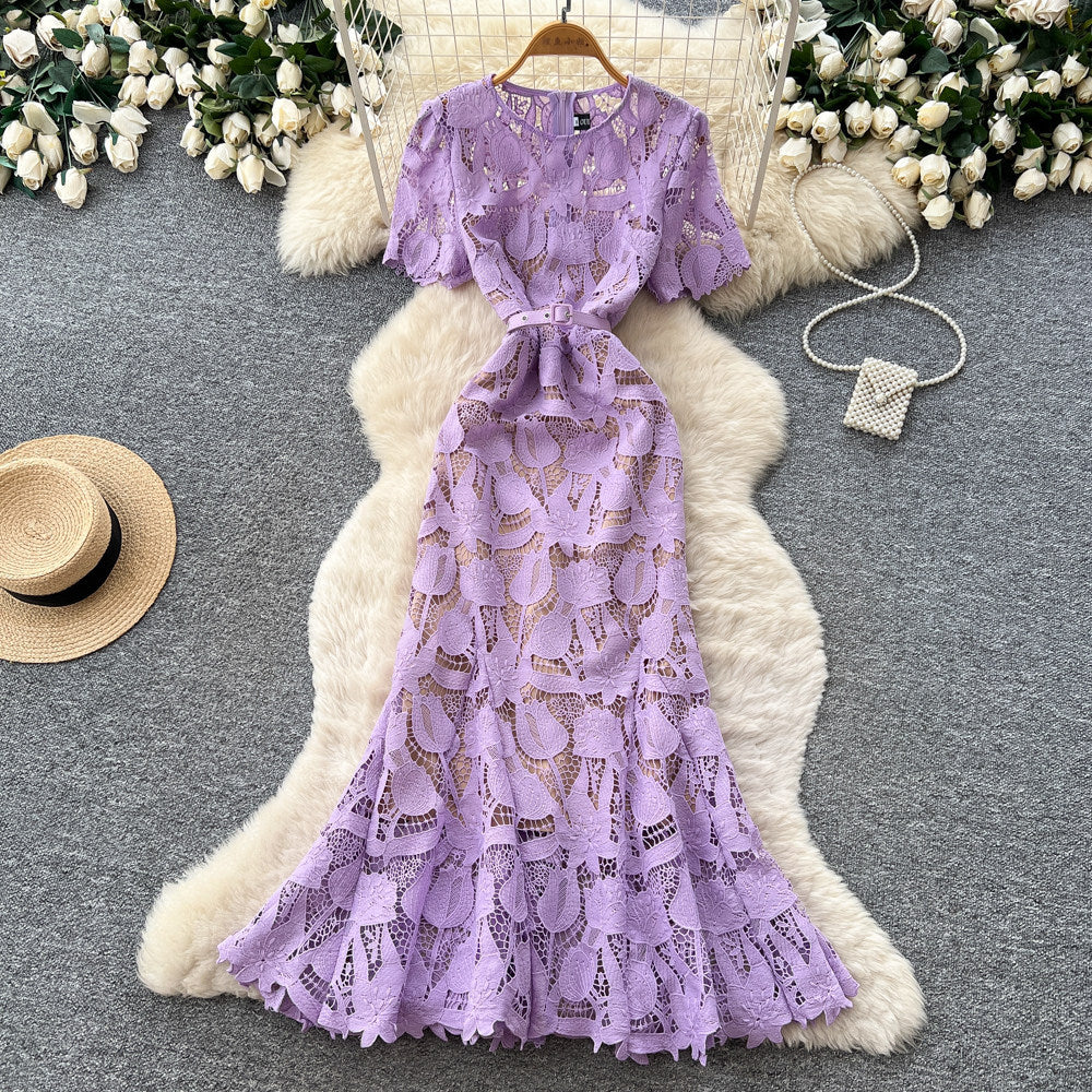 Light mature style work clothinglacecut outdress women's summer short-sleeved high waistsexya-line skirt blueelegant long skirt