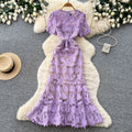 Light mature style work clothinglacecut outdress women's summer short-sleeved high waistsexya-line skirt blueelegant long skirt