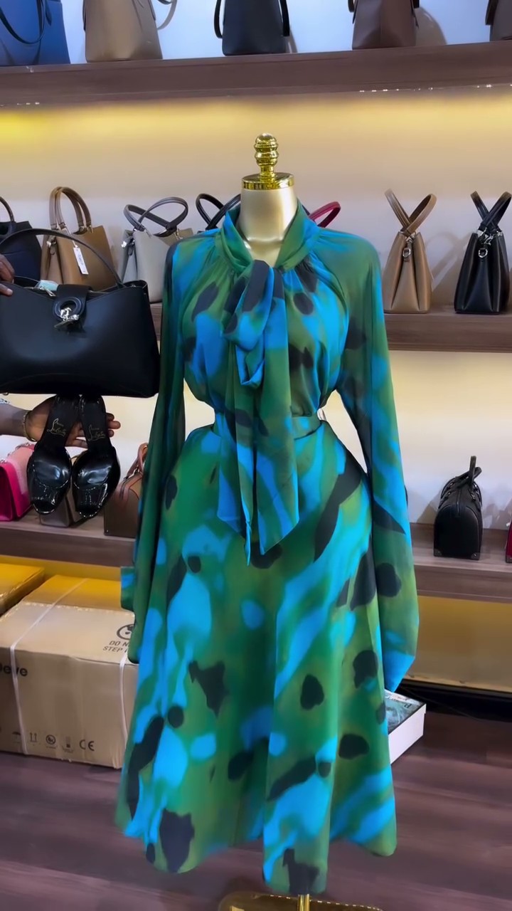 European and american cross-border women's fashion:  summer new arrival - elegant tie-up printed blouse and high-waisted midi skirt set