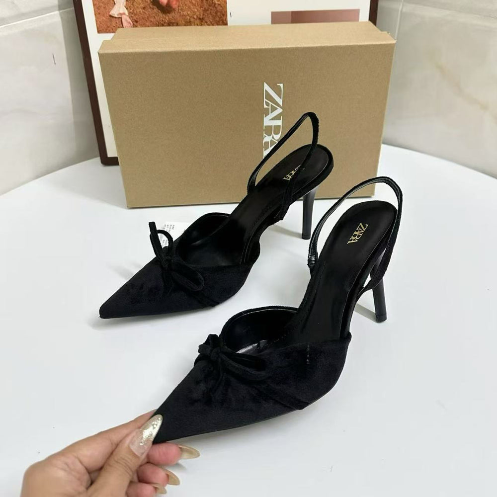Za2025autumnew arrival velvet bow half bag pointed toe high heel sandals casualfashionclassy women's shoes