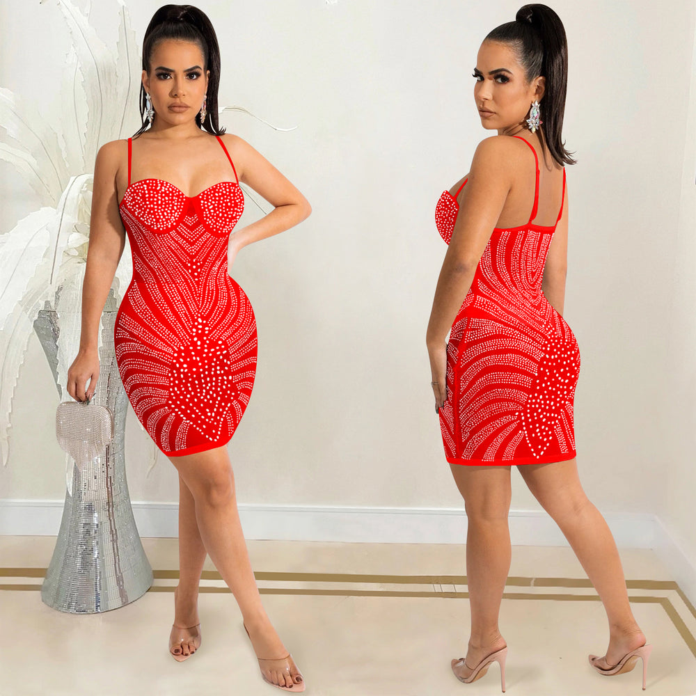X5650 cross-border  fashion new product hot diamond mesh see-through sexy suspender sleeveless midi dress women