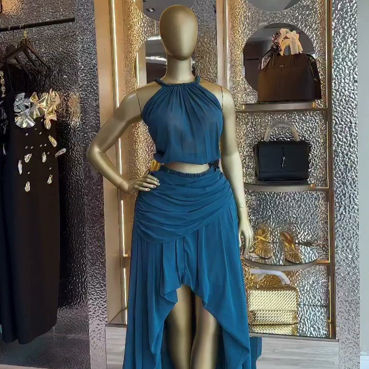 European and american cross-border women's fashion:  summer new arrivals - sexy and elegant halter neck sleeveless top with pleated midi skirt set