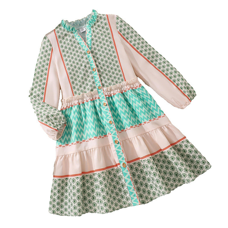 girls' dress  autumn  new arrival: pastoral style color block print long sleeve flared shirt dress