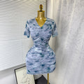 Summernew arrival pure desire sexy tie-dye printing silmv neck elastic mesh dress pleated hip skirt for women
