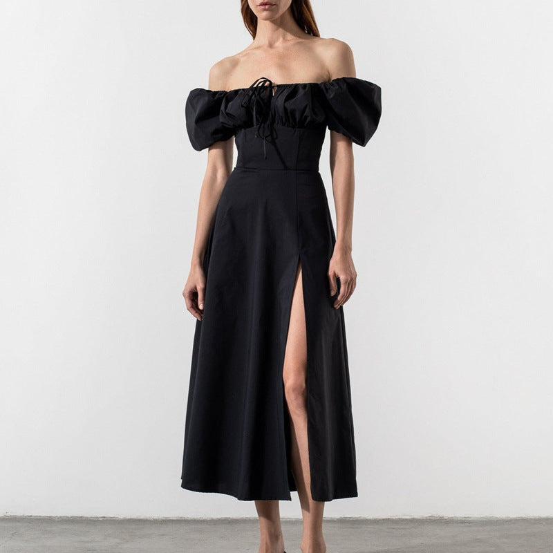 cross-border e-commerce european and american women's clothing: new summer collection - bubble sleeve, high-waisted, slit, solid color vacation dress