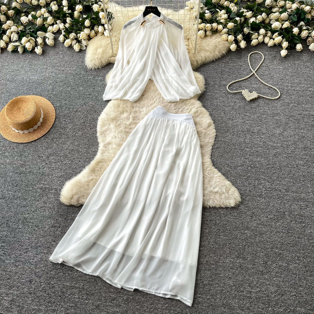 French chic white cropped two-piece set: autumn commute style with a touch of individuality. high-waisted, effortlessly elegant