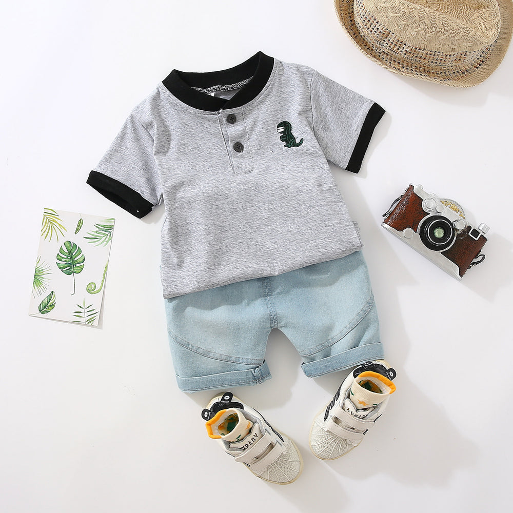 Kids' polo shirt set, 0-5 years old, embroidered dinosaur short-sleeve t-shirt and shorts 2-piece set, cross-border e-commerce