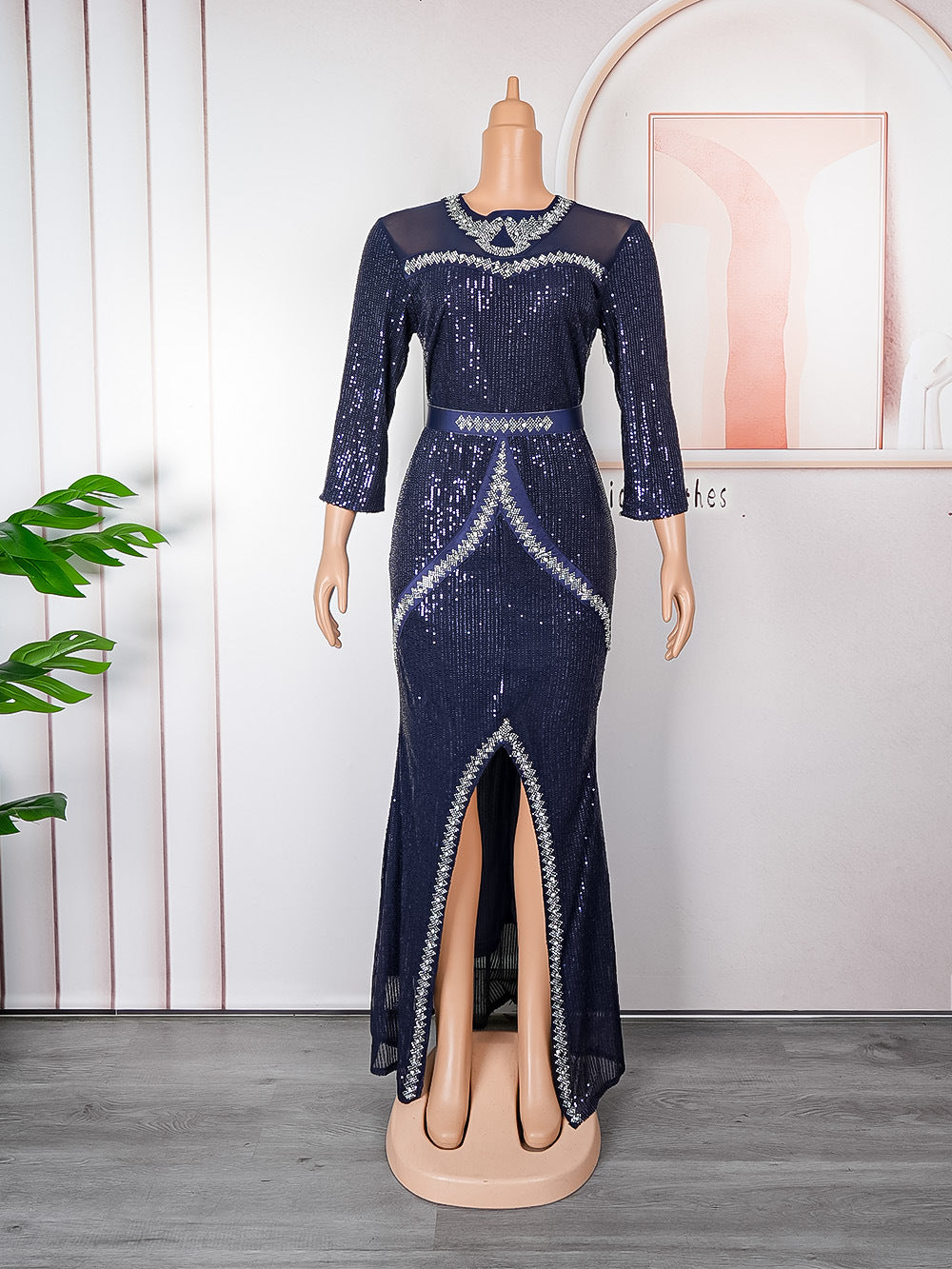 Aliexpress new year party evening dress african women's plus size cross-border fashion sequin rhinestone slit dress