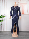 Aliexpress new year party evening dress african women's plus size cross-border fashion sequin rhinestone slit dress