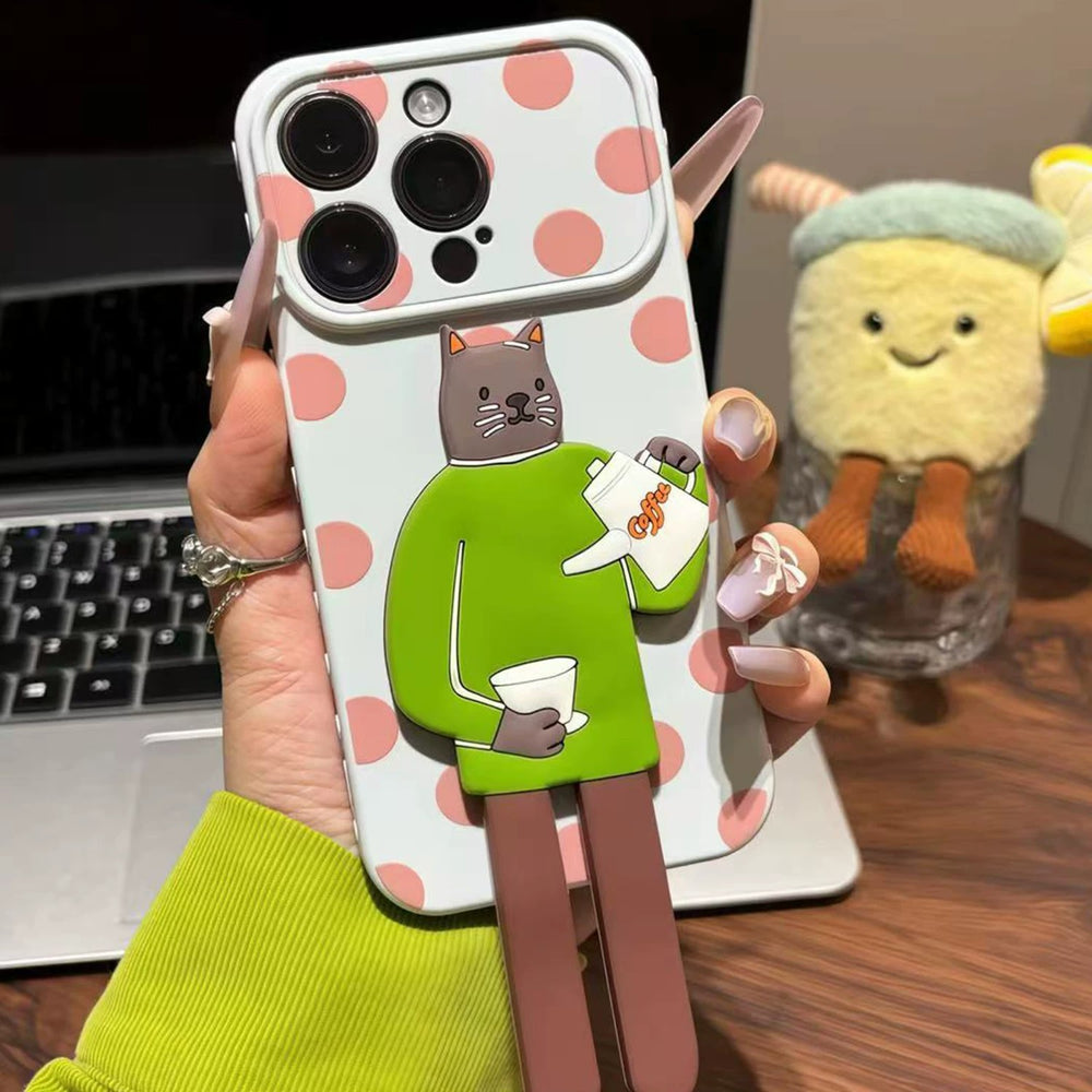 Suitable for iphone16 three-dimensional long-legged cat mobile phone case 17promax polka dot background anti-fall soft case couple model
