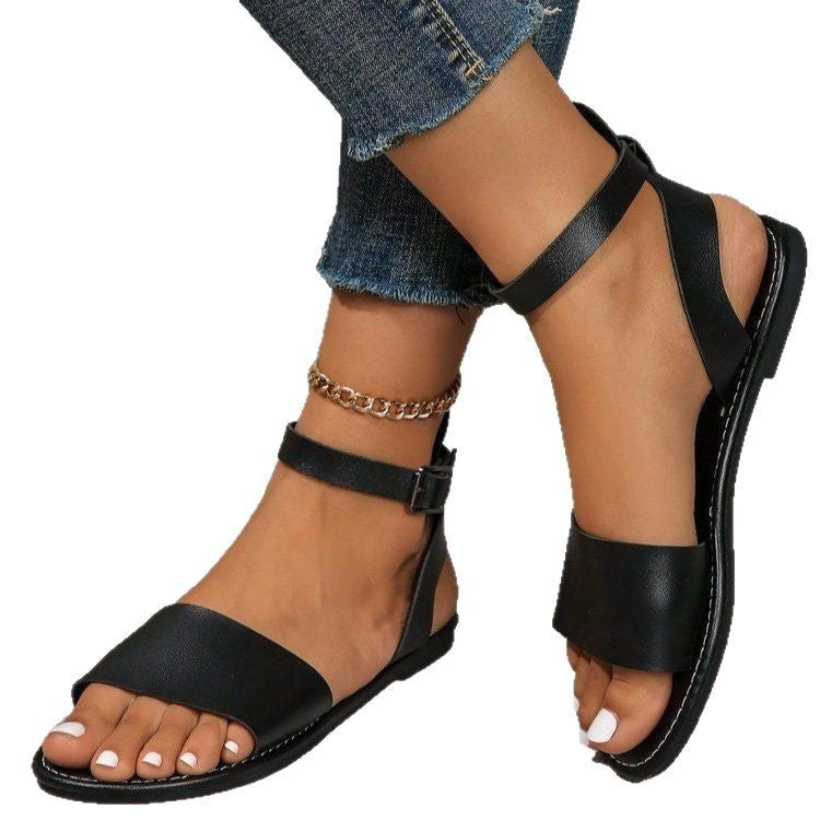 Plus size women's summer sandals - open toe, minimalist flat roman sandals with metal buckle strap - perfect for students