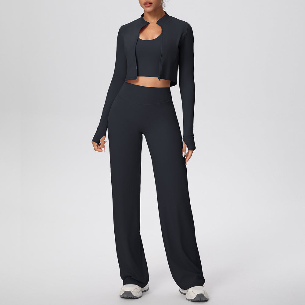 Cloud-feel halter neck one-piece cup sports bra with zipper outerwear yoga set - women's quick-dry running fitness three-piece outfit