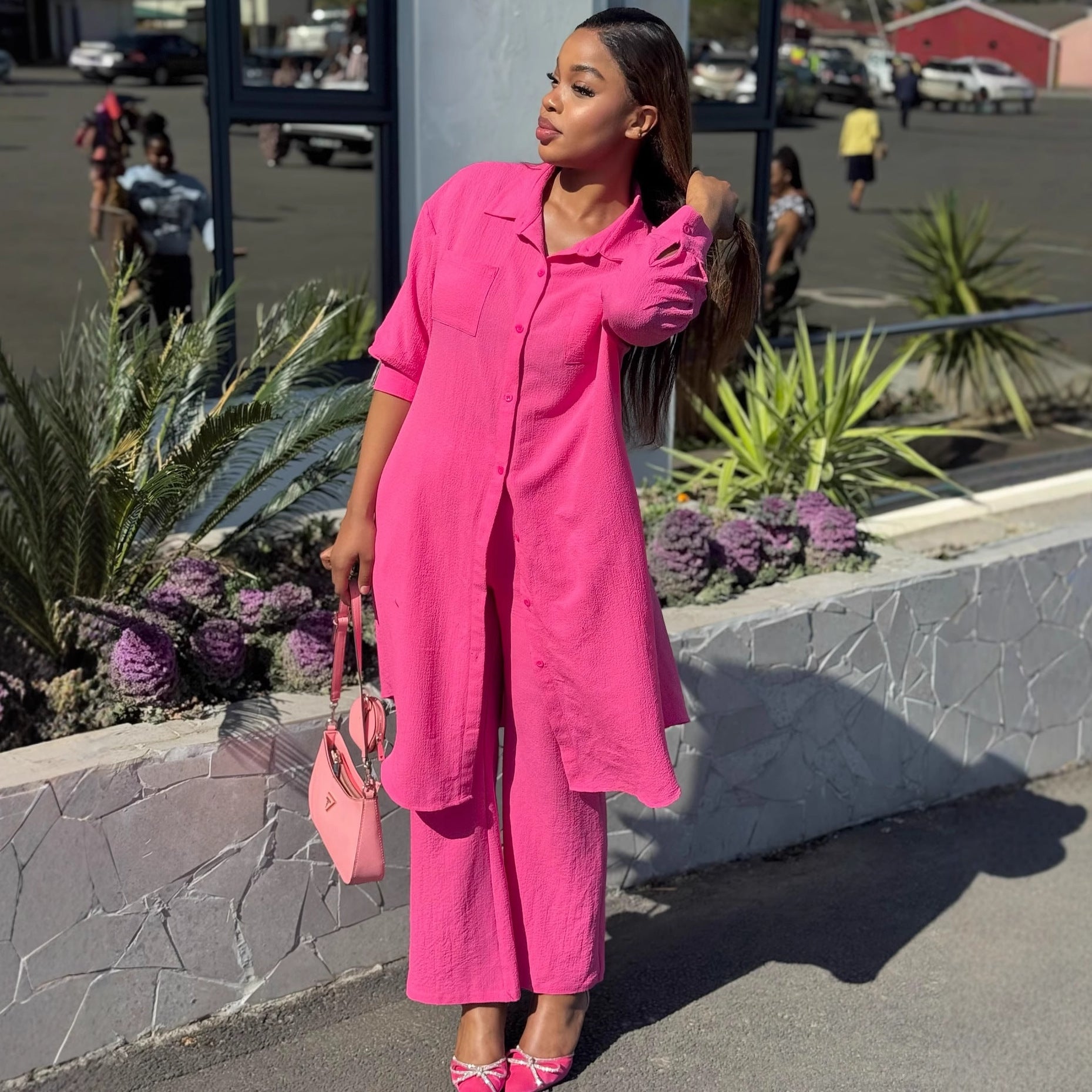 European and American large-size women's clothing long-sleeved solid-color cardigan long shirt top women's African casual solid-color wide-leg pants set