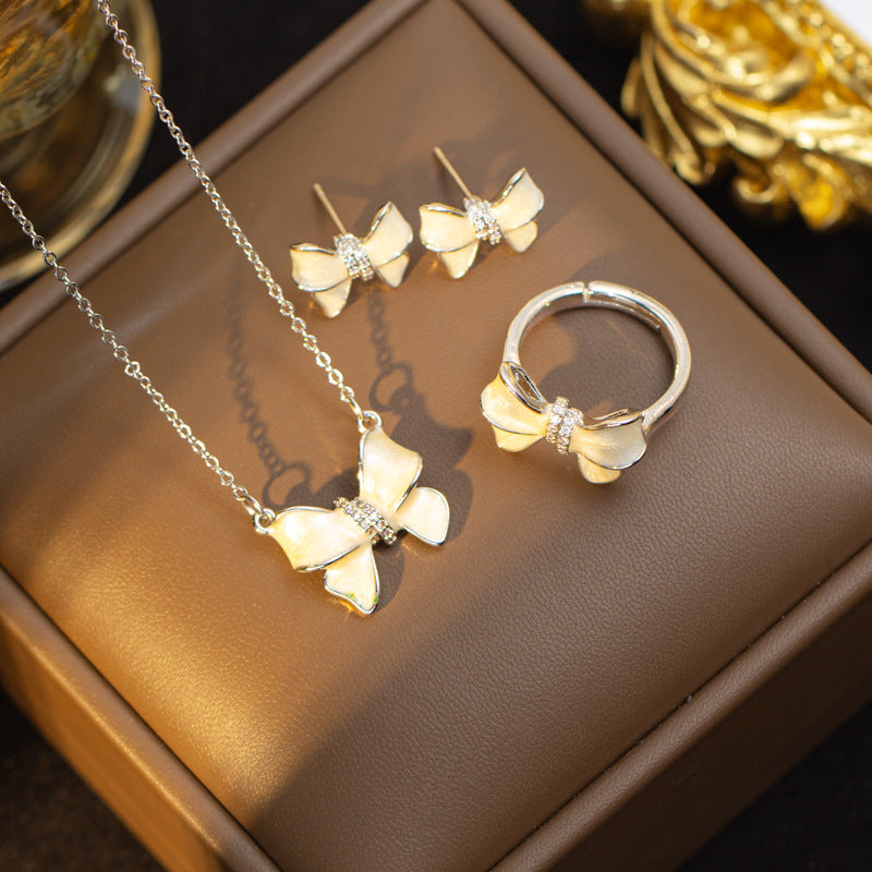 [titanium steel] necklace female internet celebrity bow pendant earrings ring classyfashionnew arrivalsuit earrings jewelry