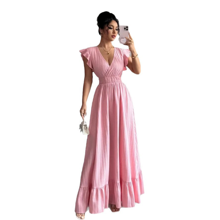 fashion cross-border french elegant waist v neck long dress pink dress