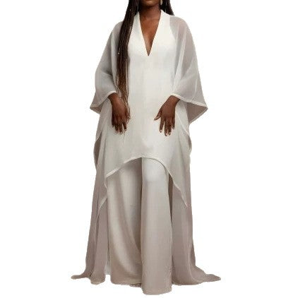 fashionpure colorelegant flowy deep v neck jumpsuit loose chiffon blouse robe wide leg jumpsuit