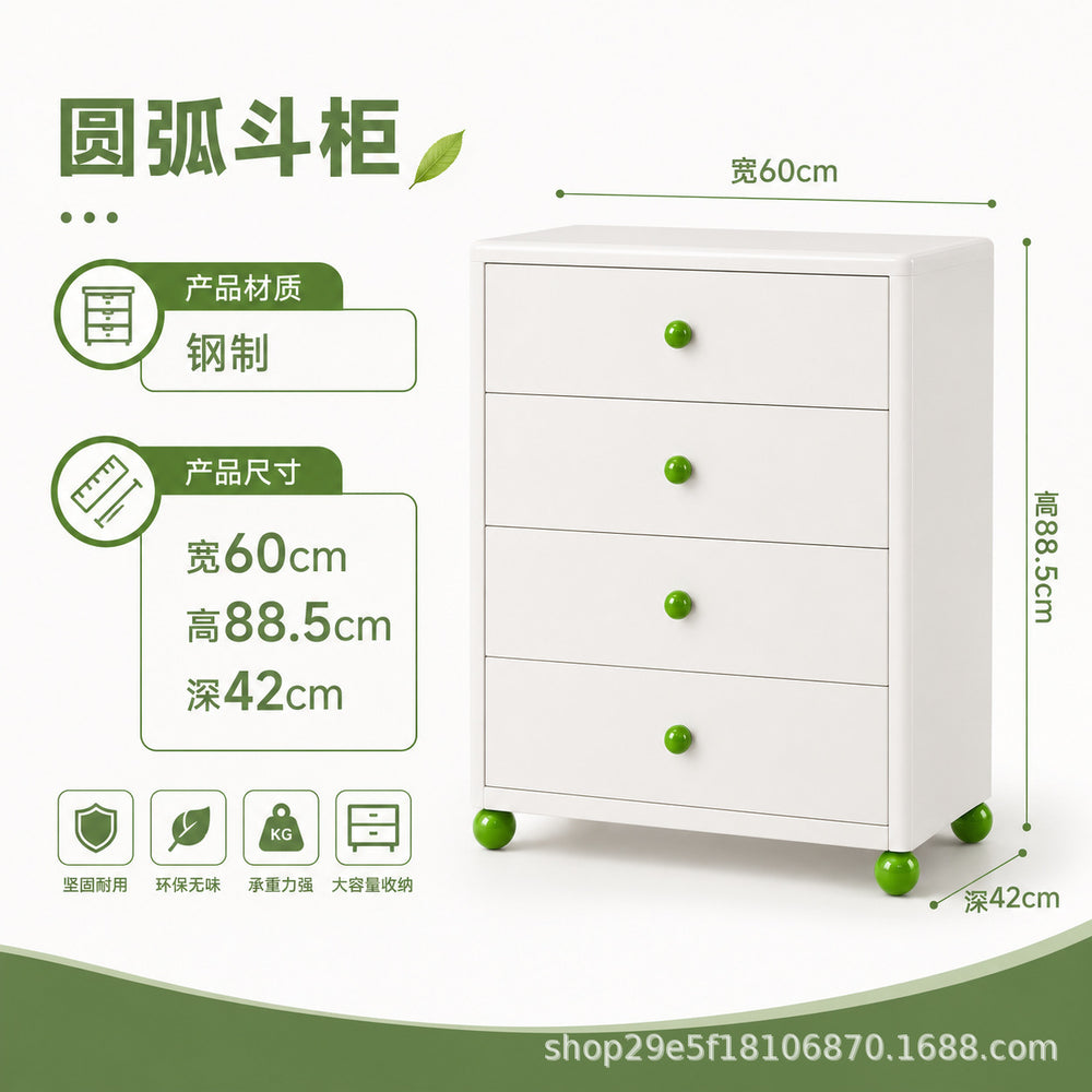new steel low cabinet with rounded corners, freestanding five-drawer unit, wall-mounted integrated storage cabinet, kids' organizer