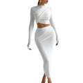 European and american style women's clothing  autumn/winter new arrival: round neck long sleeve cropped top and slim-fit midi skirt two-piece set