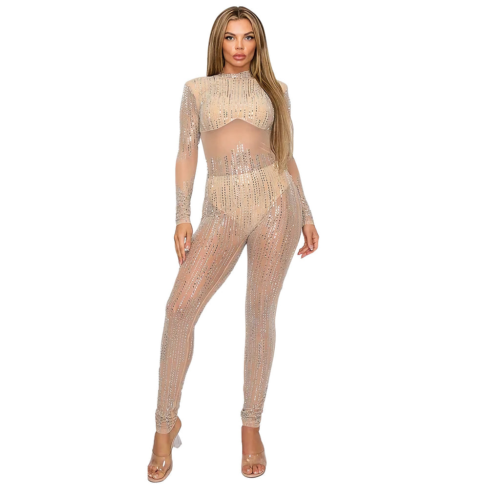 C6958 cross-border   independent station hot diamond fashion sexy see-through jumpsuit pants two-piece set
