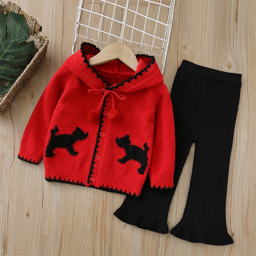 Girls' knitted sweater two-piece set -  autumn/winter new collection - girls' half-fleece warm outfit