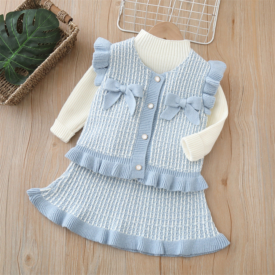 Girls' knit cardigan vest set - autumn  collection - baby girl's outerwear - chanel-inspired three-piece outfit