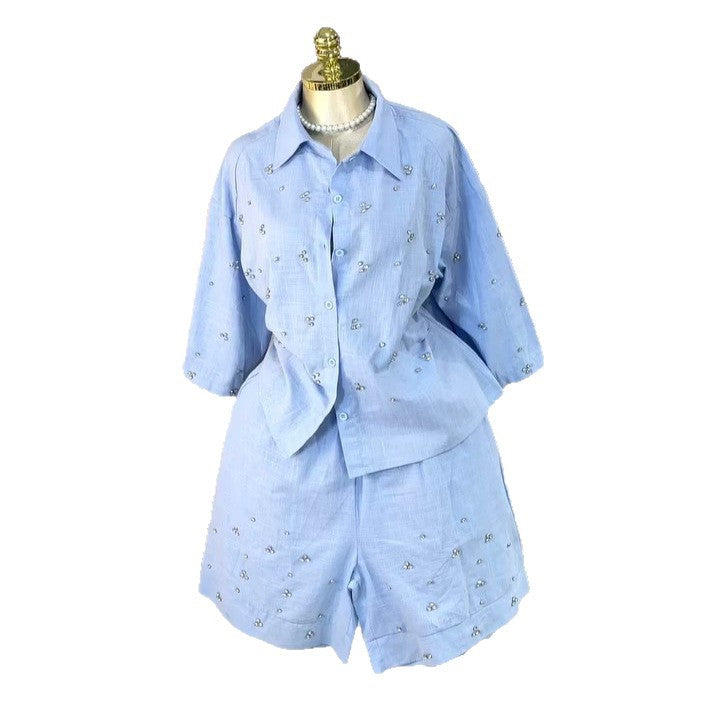 European and american cross-border women's fashion:  summer new arrival - stylish turn-down collar, loose fit, heavily embellished diamond-studded shirt and wide-leg pants set